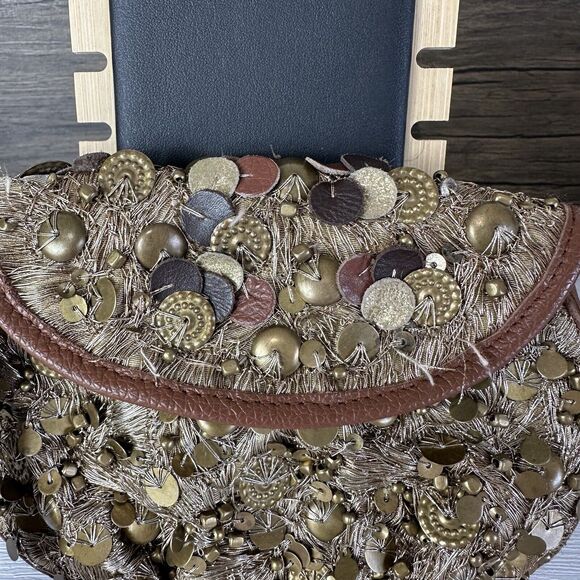 Anthropologie Lucky Penny Beaded Bag Gold Sequin Wristlet Clutch Coin Mini - Picture 4 of 10
